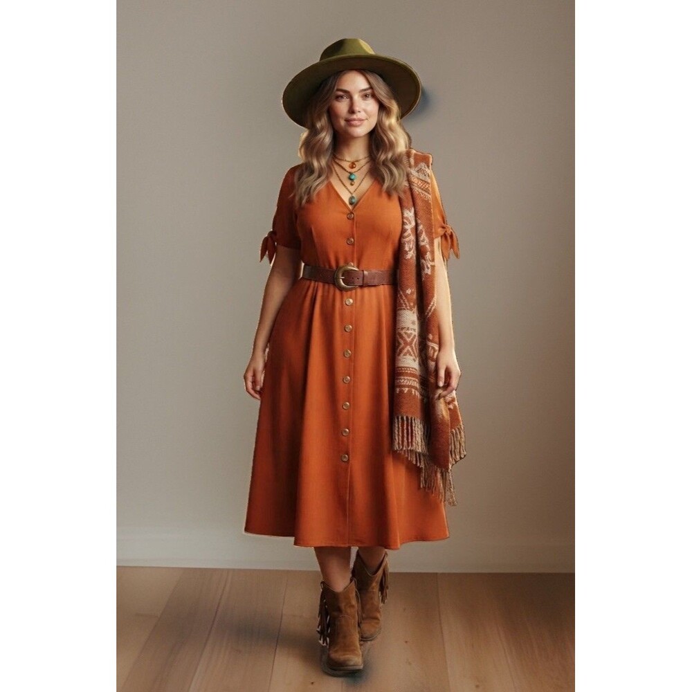 Women's Rust Orange Button Front Midi Dress Short Tie Sleeves Size XL